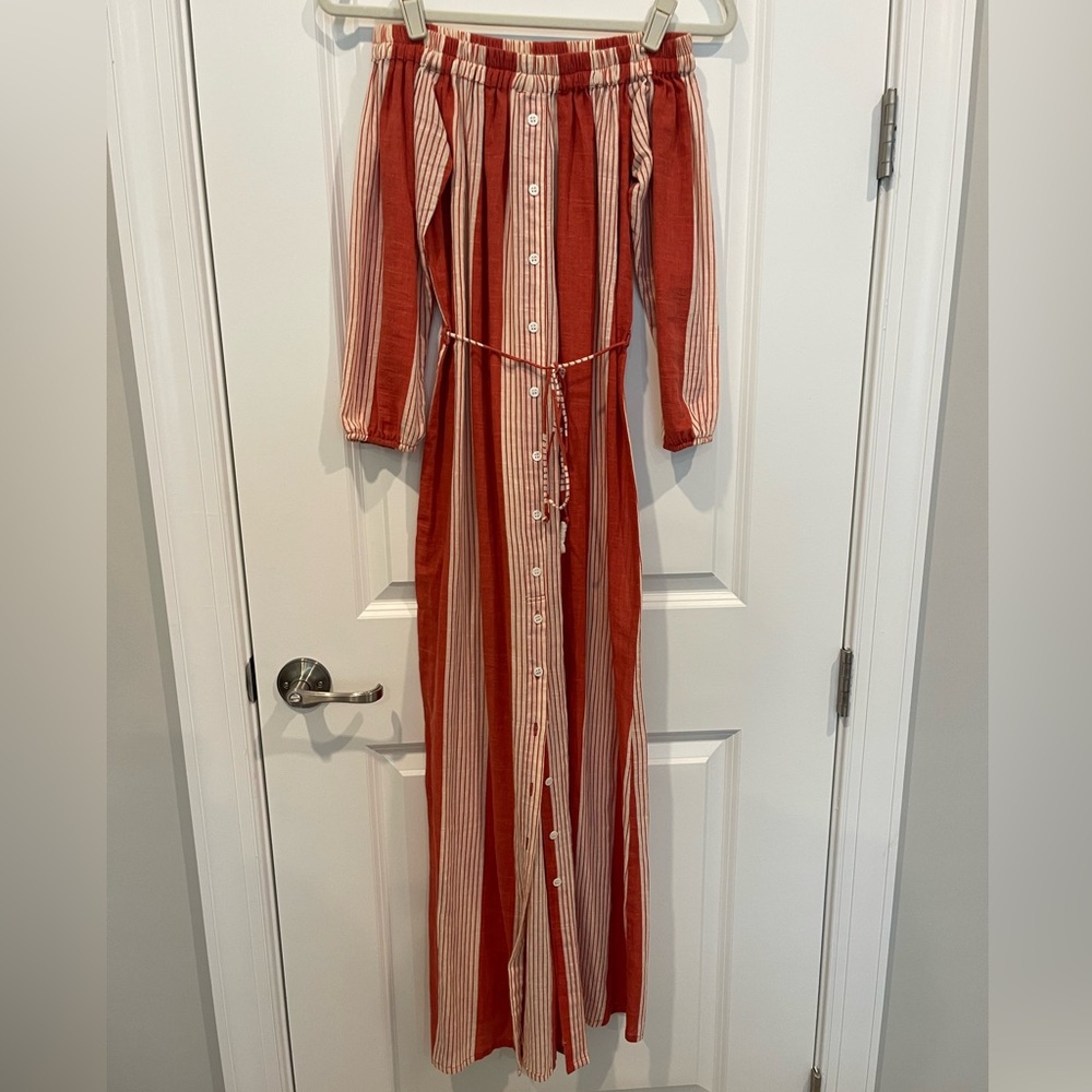 Faithfull the Brand Striped Off the Shoulder Button Maxi Dress